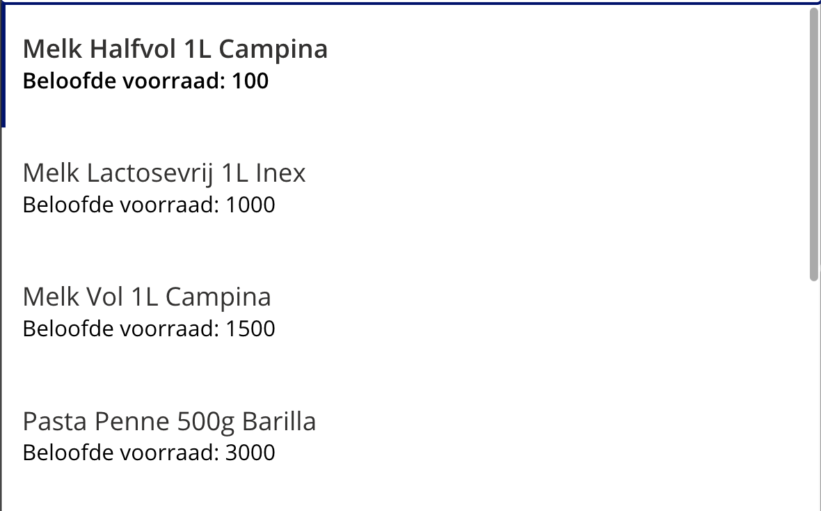 Power Apps product list showing promised stock values