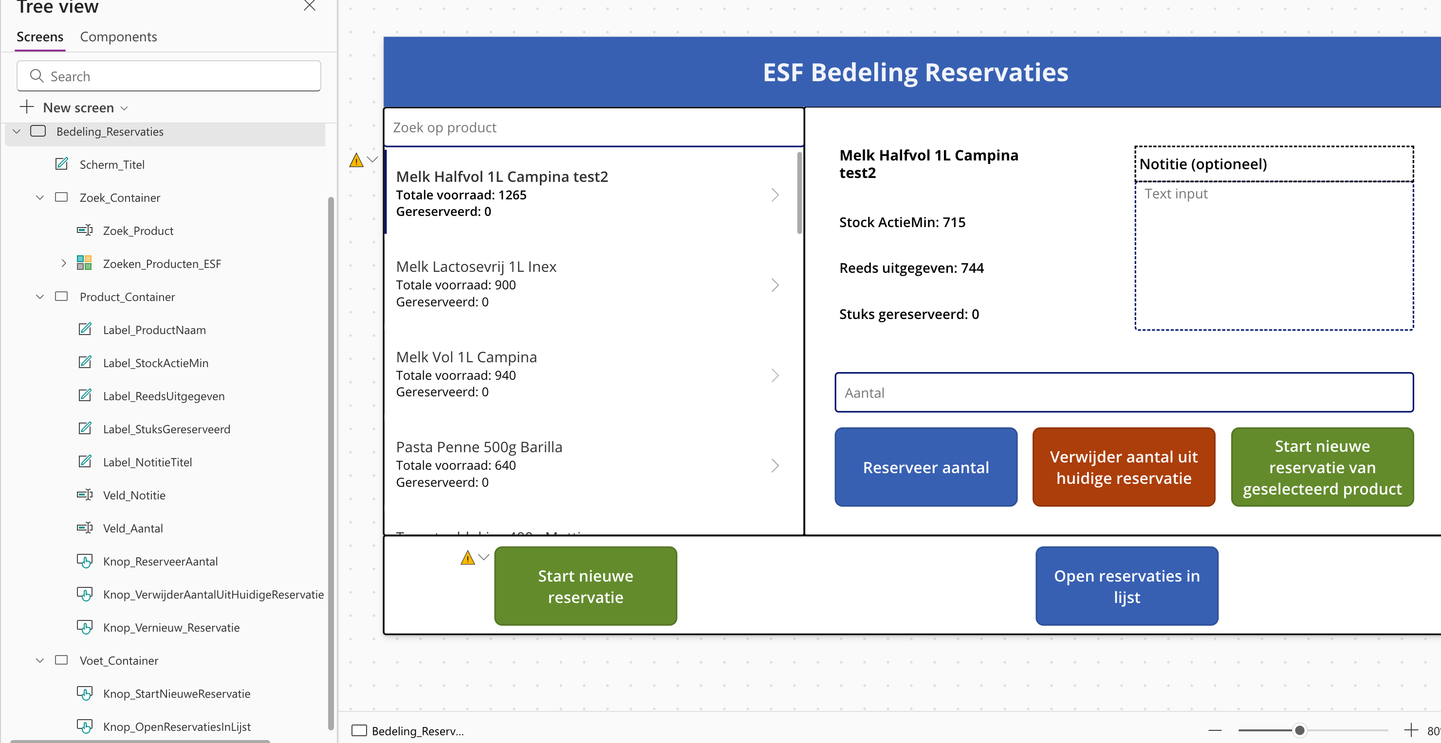 Power Apps editor view of the ActieMin reservation screen