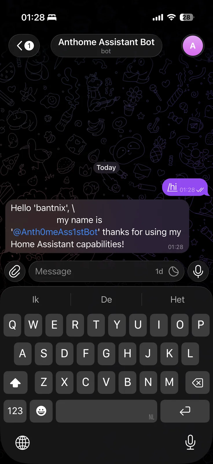 Telegram alert sent by the Home Telegram Bot